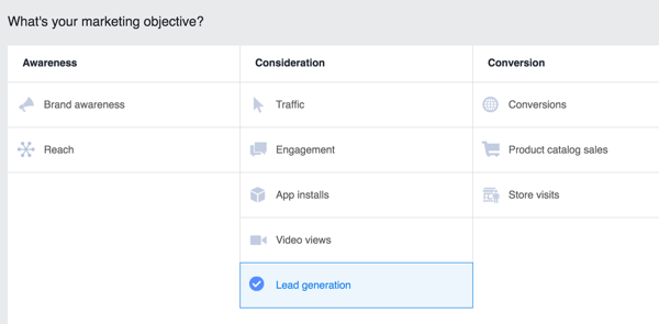Vælg Lead Generation som mål for din Facebook-kampagne.