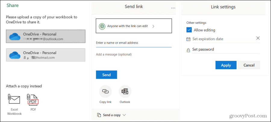 Del Excel Send og Link-indstillinger på Windows