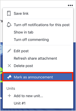 Klik på de tre prikker øverst til højre i Facebook-gruppeposten, og vælg Markér som meddelelse i den menu, der vises.