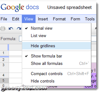 Skjul gitterlinjer i Google Docs-menuen