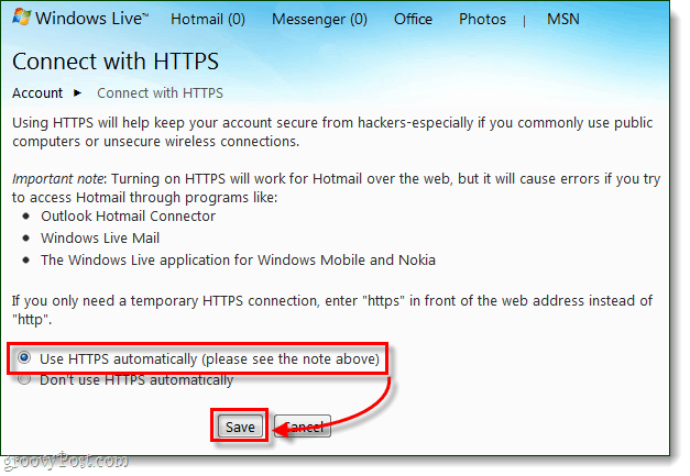 Sådan forbindes du sikkert til Windows Live og Hotmail via HTTPS