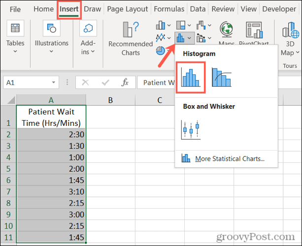 Indsæt et histogram i Excel