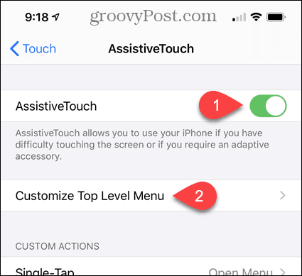 Aktivér AssistiveTouch og tilpas menu på øverste niveau i iPhone-indstillinger