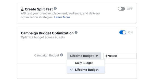 vælge Kampagne Budget Optimering og Lifetime Budget til Facebook-kampagne på dagen for flash-salg