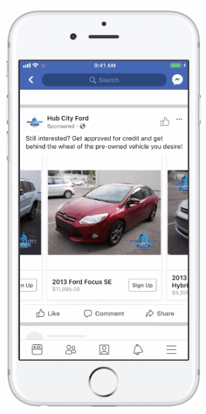Facebook introducerede dynamiske annoncer, der gør det muligt for bilvirksomheder at bruge deres køretøjskatalog for at øge relevansen af ​​deres annoncer.