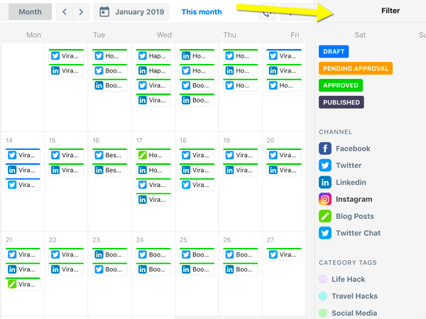 Sådan organiseres sociale medier marketingopgaver, ContentCal kalenderoversigt med filtre
