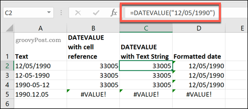 Funktionen DATEVALUE, der bruges i Microsoft Excel