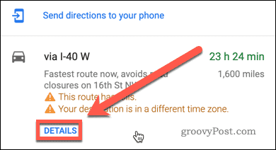 Knappen Detaljer om rutevejledning til Google Maps