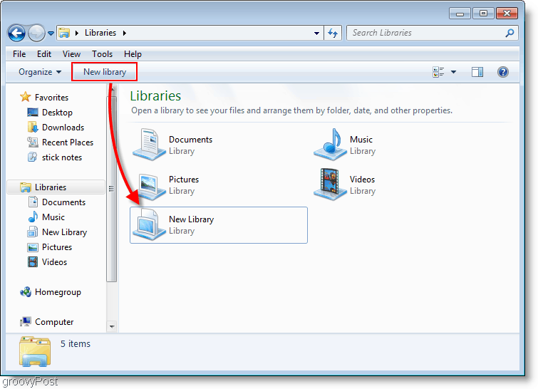 hvordan man opretter et nyt bibliotek i windows 7