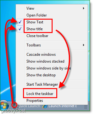 deaktiver hurtiglancering af tekst og titel i windows 7, lås proceslinjen