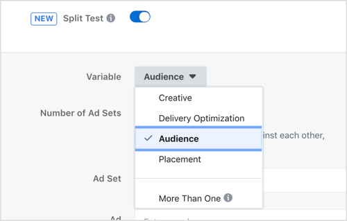 Vælg en variabel, der skal testes, med Facebook split test-funktionen.