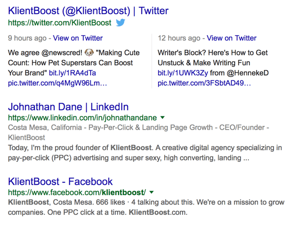 eksempel på klientboost-dækning på søgemaskinens resultatside serp