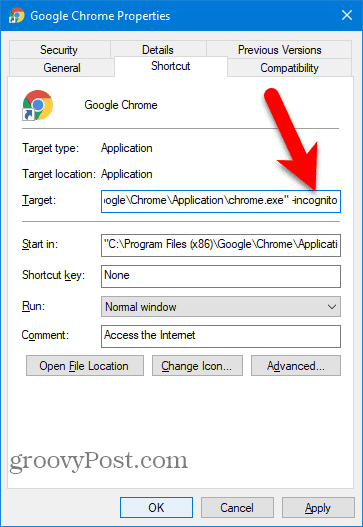 Føj -incognito til Chrome Desktop genvej
