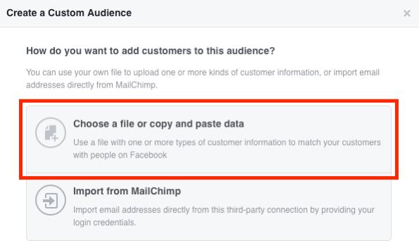Vælg Vælg en fil eller Kopier og indsæt dataene for at oprette din Facebook-tilpassede e-mail-målgruppe.