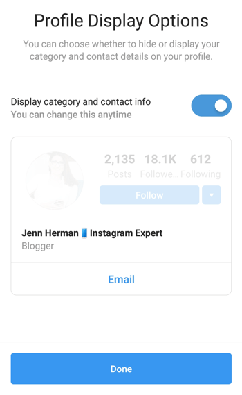 Instagram Creator Profile Kategorivalg og -visning.