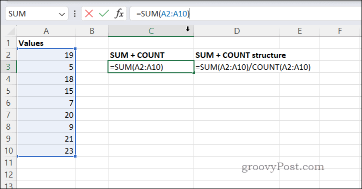 Beregning af gennemsnit med SUMCOUNT i Excel