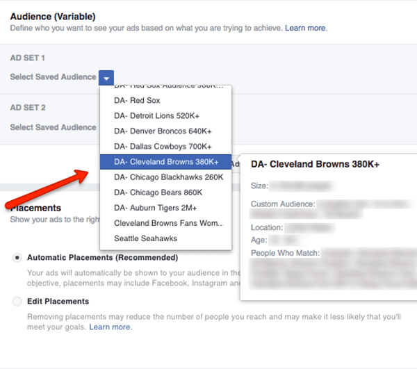 Vælg to gemte målgrupper til din delte test på Facebook-publikum.