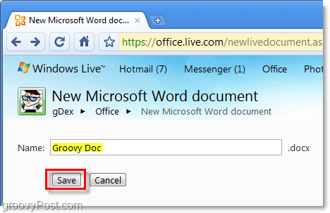 navngiv dit Word-dokument og gem det i office-live-app
