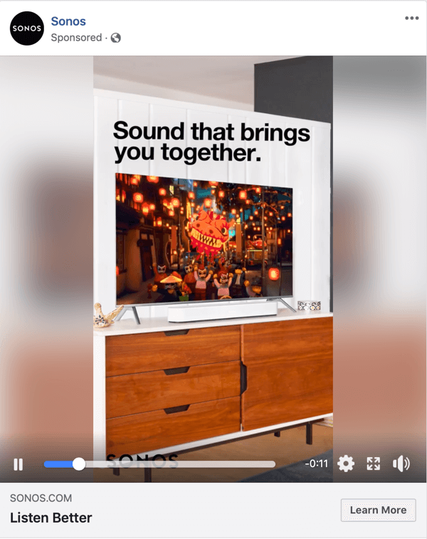Eksempel på en Facebook-videoannonce fra Sonos.