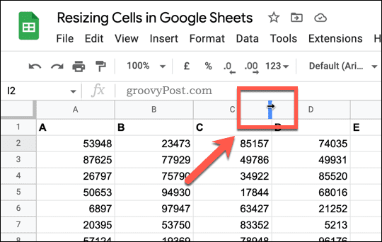 Ændring af størrelsen på kolonnen eller rækkemarkøren i Google Sheets