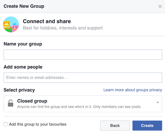 Udfyld oplysningerne om din Facebook-gruppe, og tilføj medlemmer.