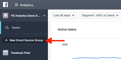 Opret begivenhedskildegrupper fra dit Facebook Analytics-dashboard.
