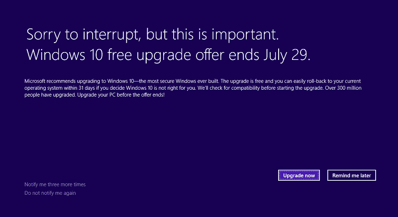 Microsoft offentliggør meddelelse om slutopdatering af gratis opgradering til Windows 10