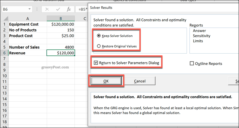 Vinduet Excel Solver Results