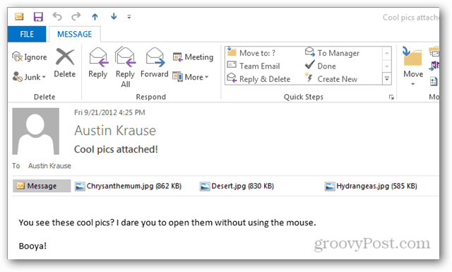 Sådan åbner du vedhæftede filer i Outlook 2013 uden en mus