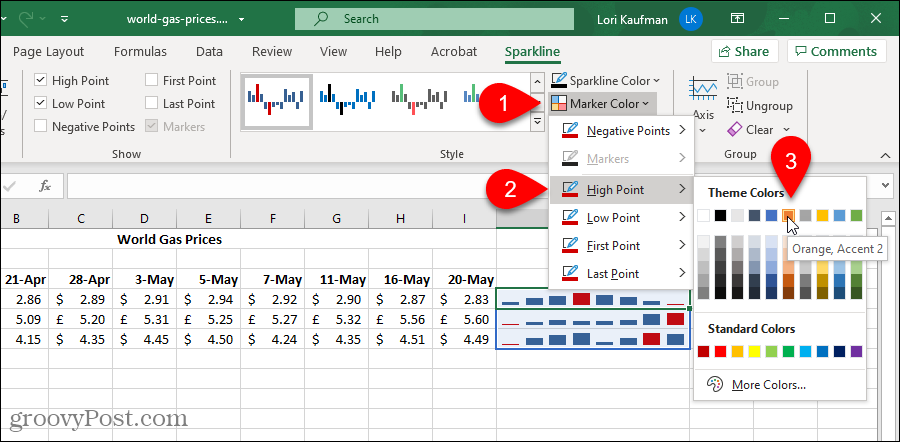 Skift farven på en markør i et Excel Sparklines-diagram