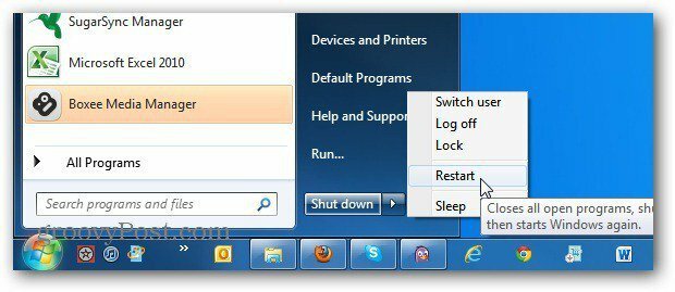 Skift Windows 7 Start Menu Tænd / sluk-knap til altid genstart