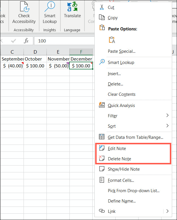 Rediger eller slet noter i Excel