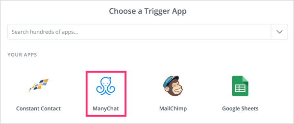 Vælg en trigger-app i Zapier.