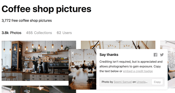 Når du har downloadet et billede, vil Unsplash foreslå, at du siger tak ved at give fotografen kredit.