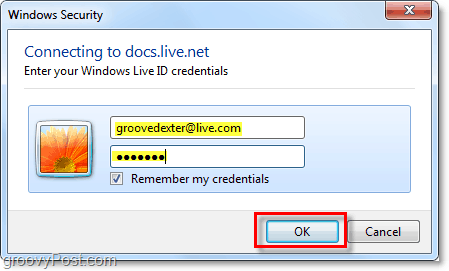 indtast dit Windows Live-konto brugernavn og adgangskode i Microsoft Office 2010