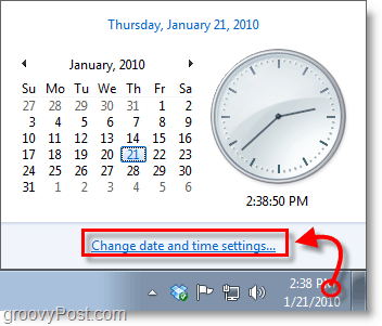 Windows 7-skærmbillede - klik på uret, og skift indstillinger