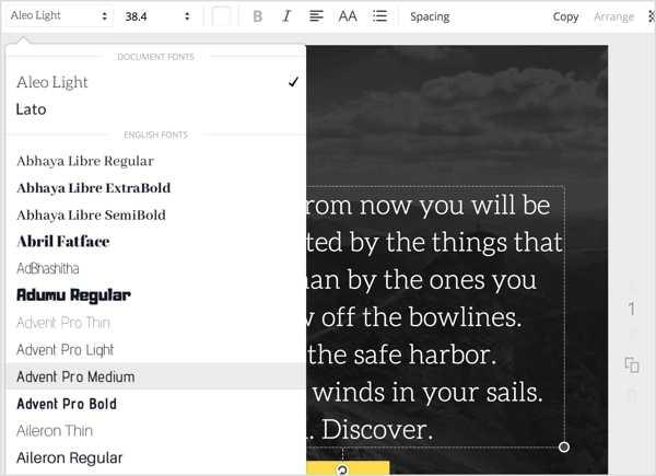 Klik på pop op-menuen skrifttype øverst i Canva-editoren, og vælg en anden skrifttype. 