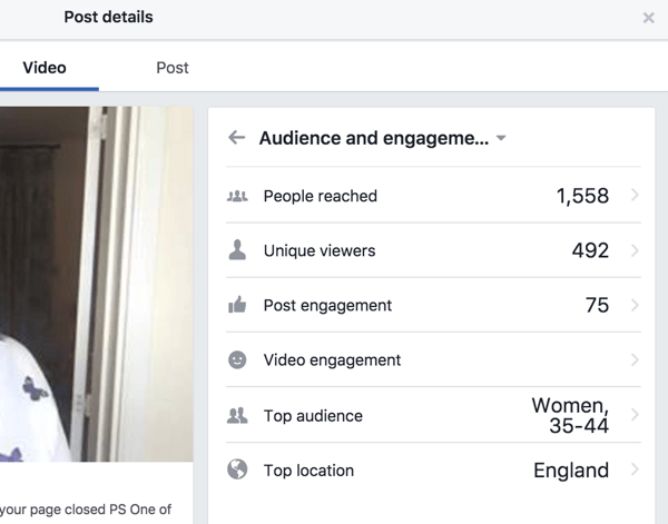 Facebook viser separat engagementstatistik for indlægget og videoen.