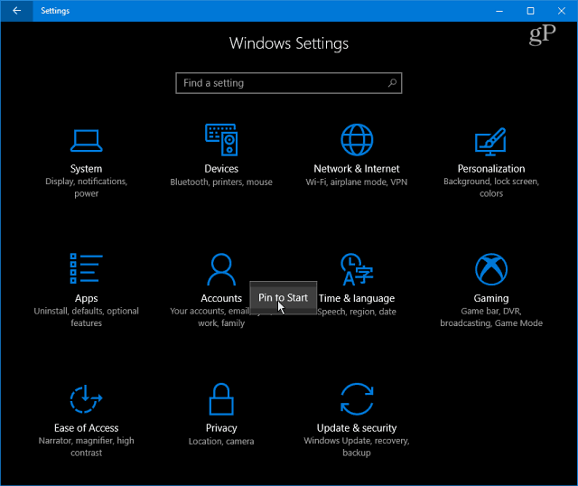Windows 10-indstillinger Kategorier
