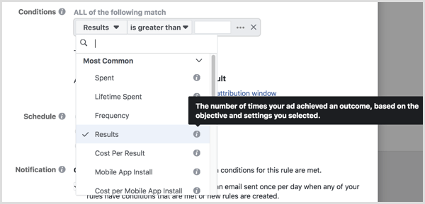 værktøjstip, når du opretter betingelser for den automatiserede Facebook-regel