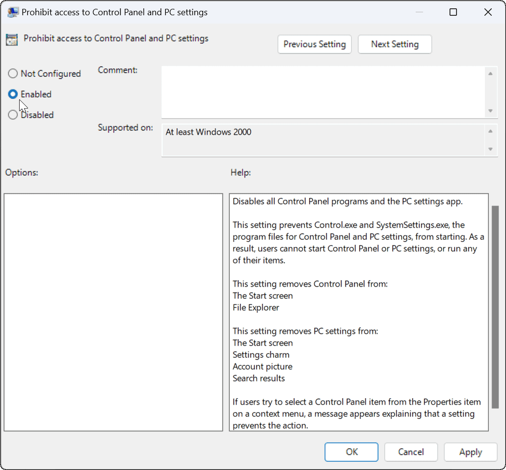 Bloker brugere fra indstillinger i Windows 11