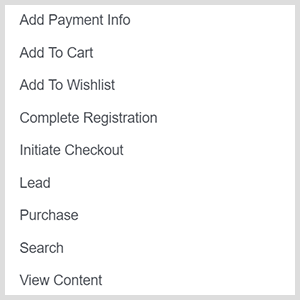 Facebook-annoncer tilpassede konverteringsmuligheder inkluderer tilføj betalingsinfo, tilføj til indkøbskurv, tilføj til ønskeliste, fuldstændig registrering, start checkout, lead, køb, søg, se indhold.