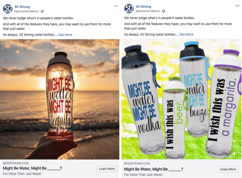 to Facebook-annoncer med forskellige billeder til test med Facebook-eksperimenter