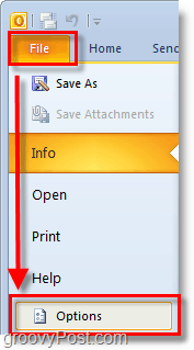 i Outlook 2010 bruger du filbåndet til at åbne muligheder