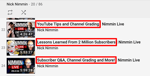 Dette er et screenshot af YouTube live video titler fra Nick Nimmin kanalen.