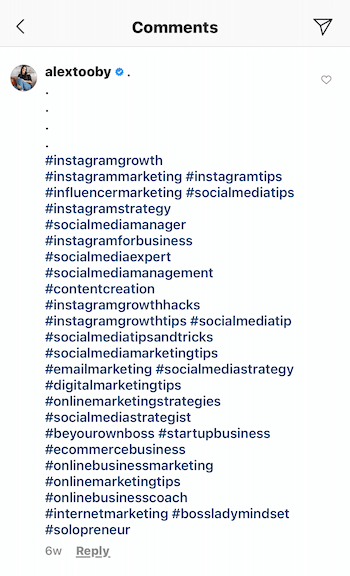eksempel på en instagram-kommentar fra @alextooby bestående af 30 relevante hashtags