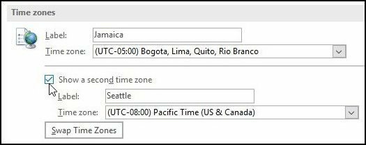 Sådan føjes en ekstra tidszone til Outlook 2016-kalenderen