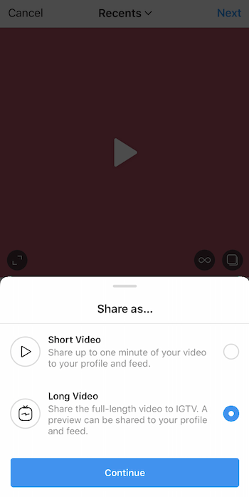 instagram video upload med delingen som menu trukket op og den lange video mulighed valgt