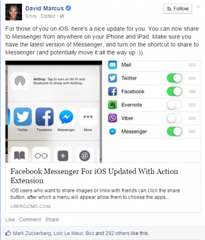 "Facebook Messenger-brugere med iPhones eller iPads kan nu dele fotos eller links direkte til applikationen efter en opdatering til iOS-appen."