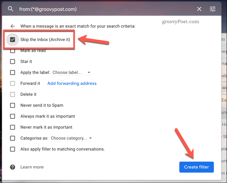 Springer en Gmail-filterregel over